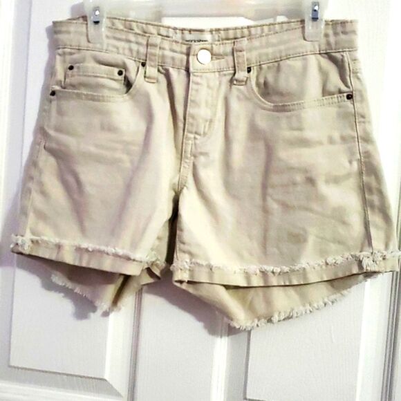 Workshop by Andrea Jovine Tan Distressed Rolled Hem Jean Shorts - Picture 1 of 8